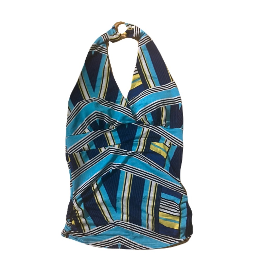 Blue Geometric Halter Tote Bag with Accent Stripes